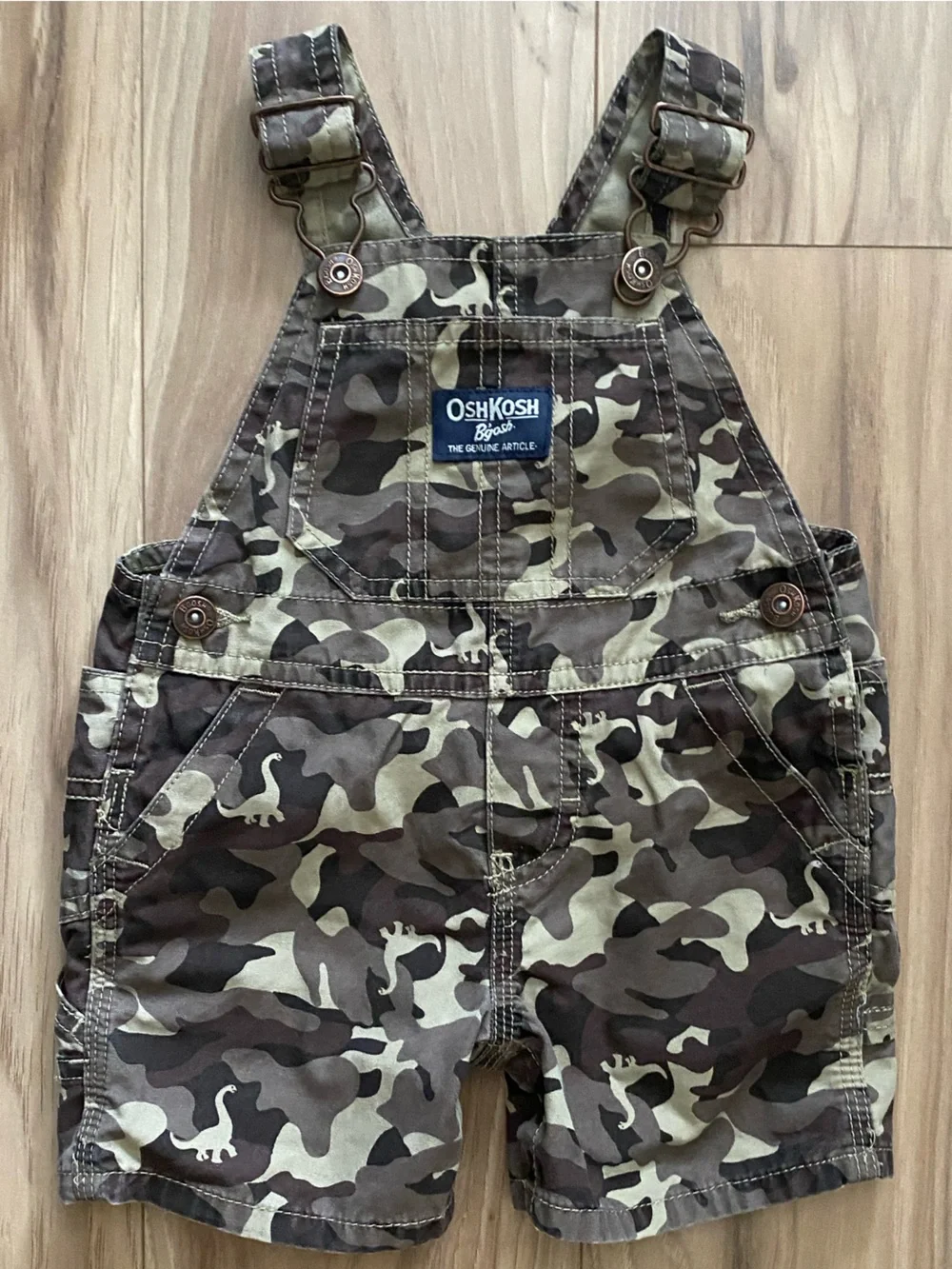 OshKosh B'gosh Boys Camo With Dinosaur’s Overall Shortalls Size 6 Months